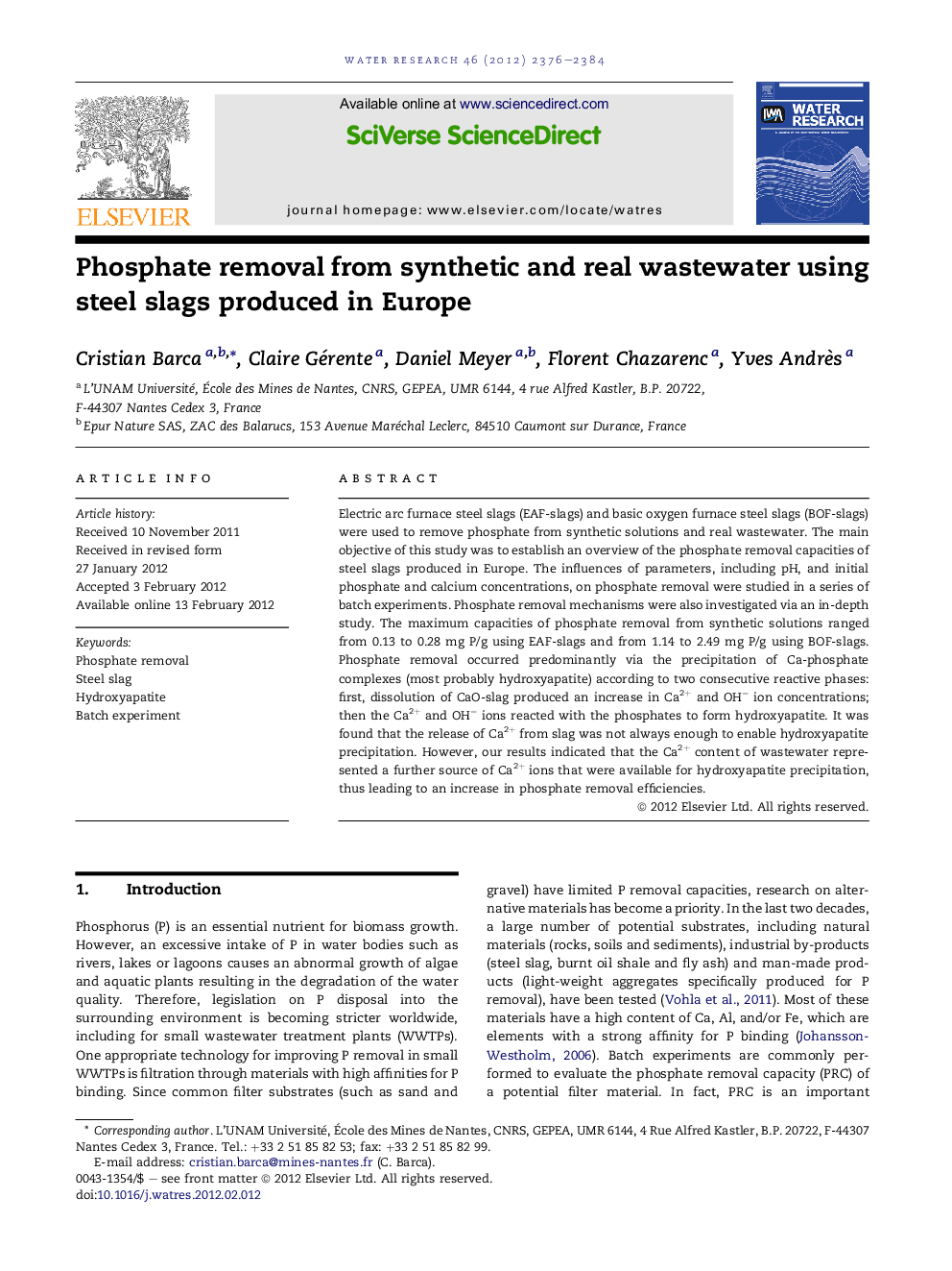 Phosphate removal from synthetic and real wastewater using steel slags produced in Europe