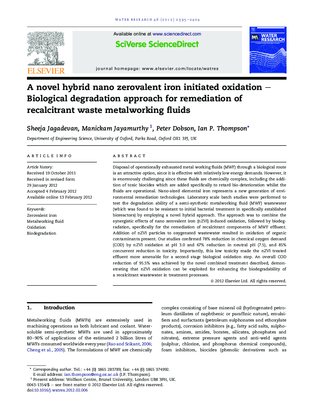 A novel hybrid nano zerovalent iron initiated oxidation – Biological degradation approach for remediation of recalcitrant waste metalworking fluids