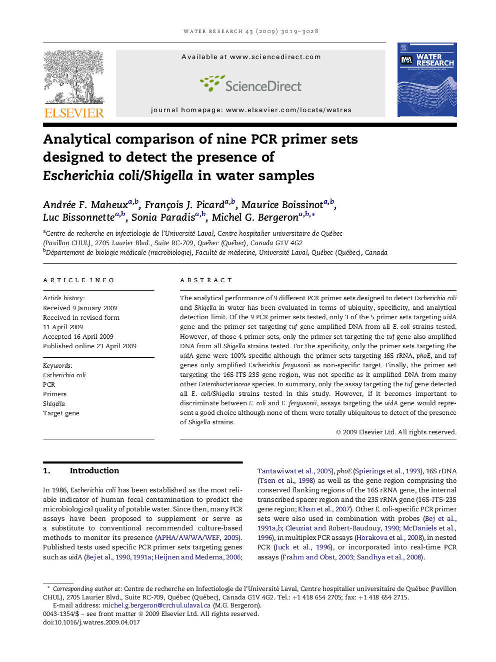 Analytical comparison of nine PCR primer sets designed to detect the presence of Escherichia coli/Shigella in water samples