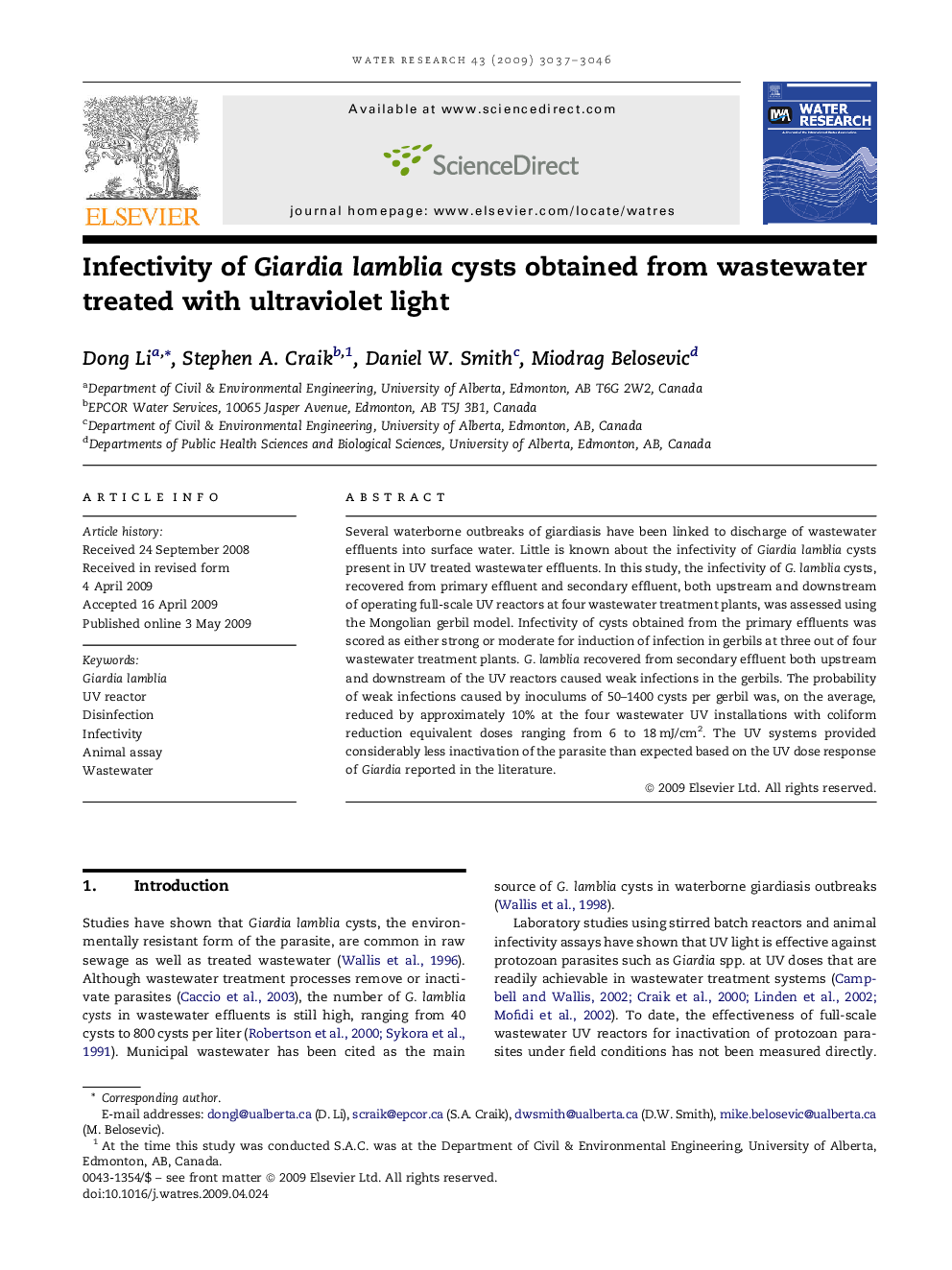 Infectivity of Giardia lamblia cysts obtained from wastewater treated with ultraviolet light