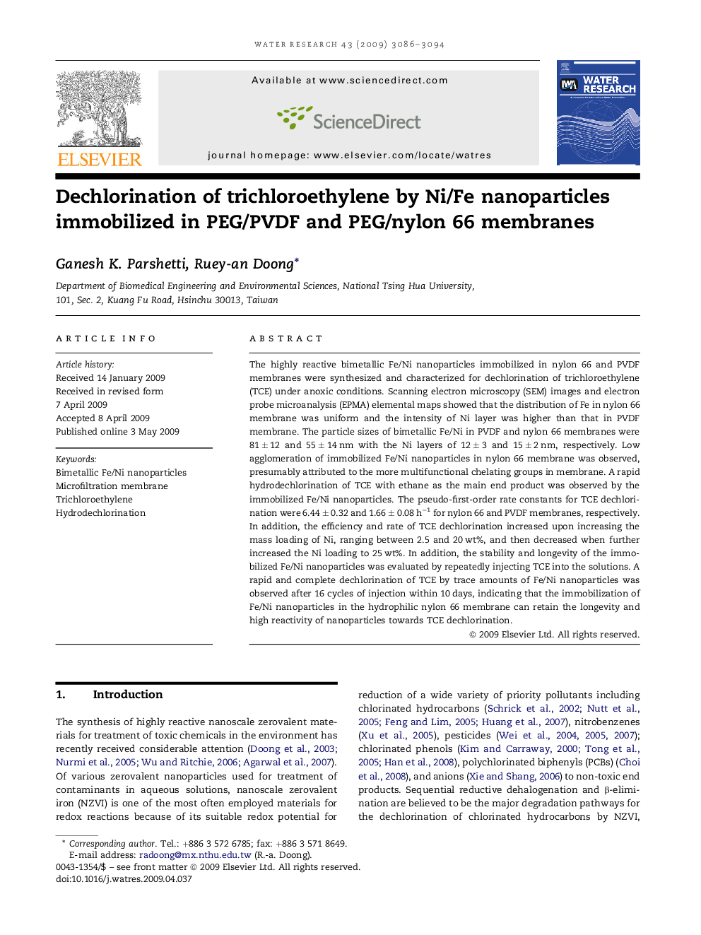 Dechlorination of trichloroethylene by Ni/Fe nanoparticles immobilized in PEG/PVDF and PEG/nylon 66 membranes