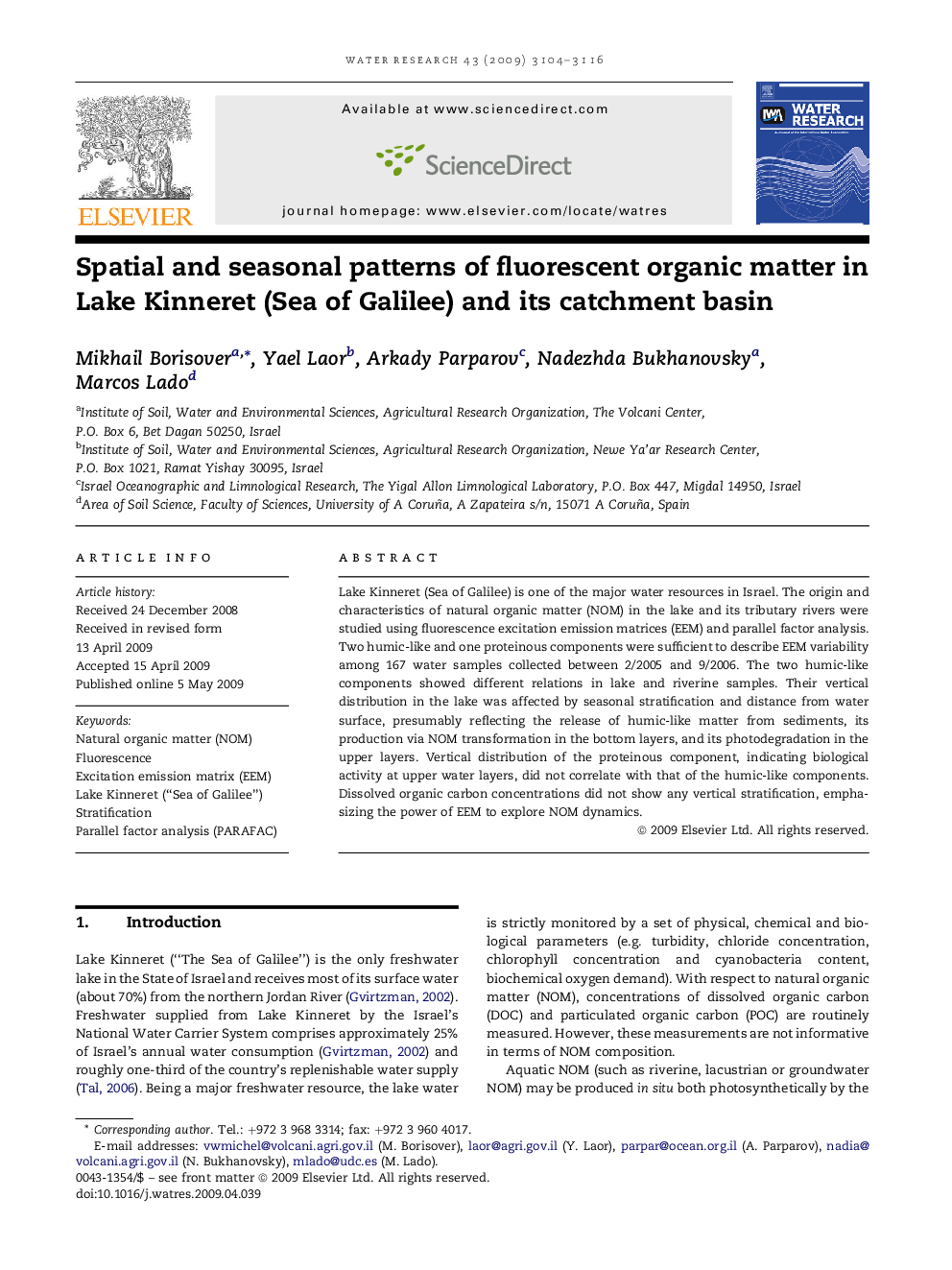 Spatial and seasonal patterns of fluorescent organic matter in Lake Kinneret (Sea of Galilee) and its catchment basin