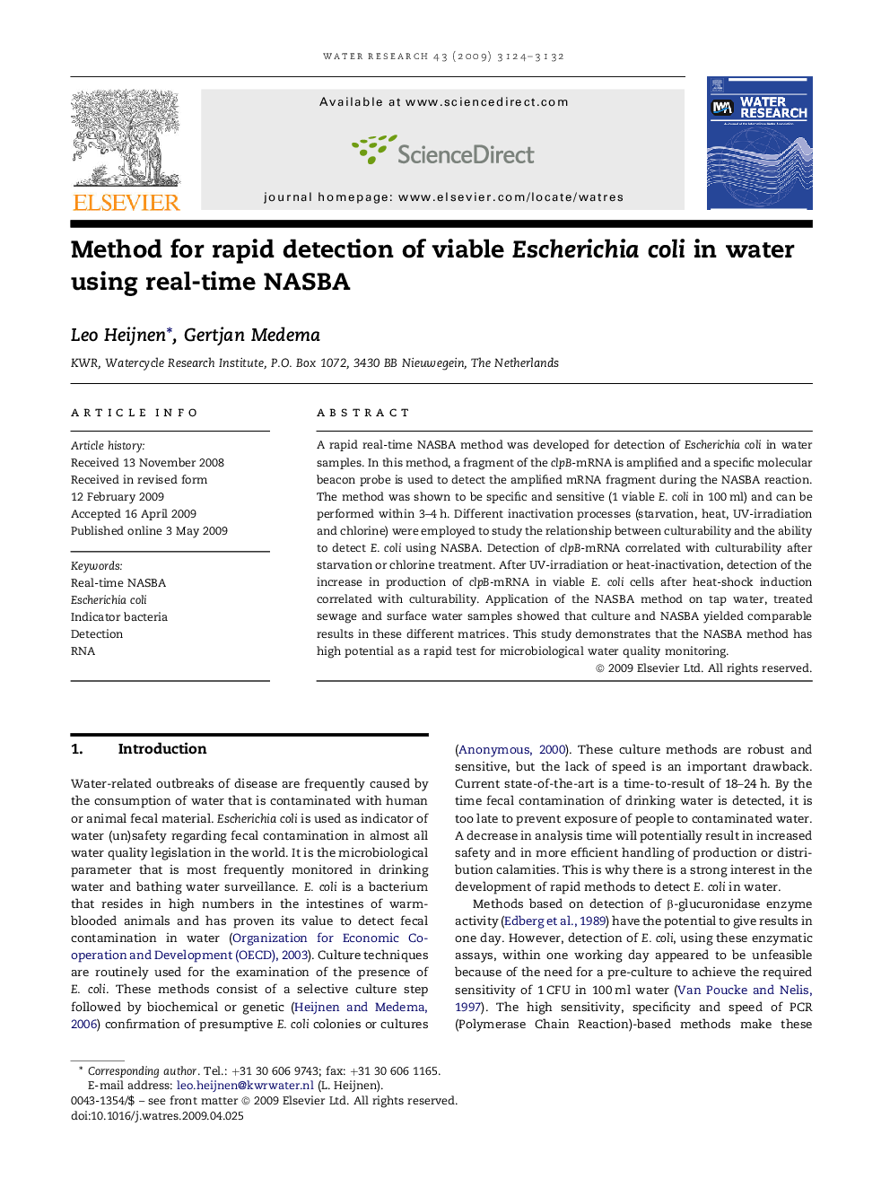 Method for rapid detection of viable Escherichia coli in water using real-time NASBA