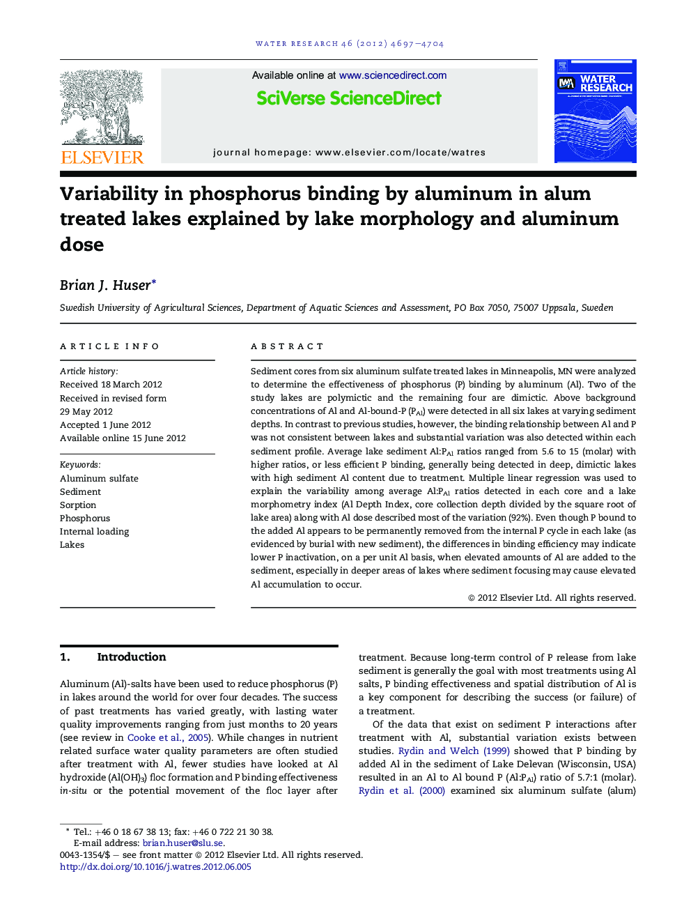 Variability in phosphorus binding by aluminum in alum treated lakes explained by lake morphology and aluminum dose