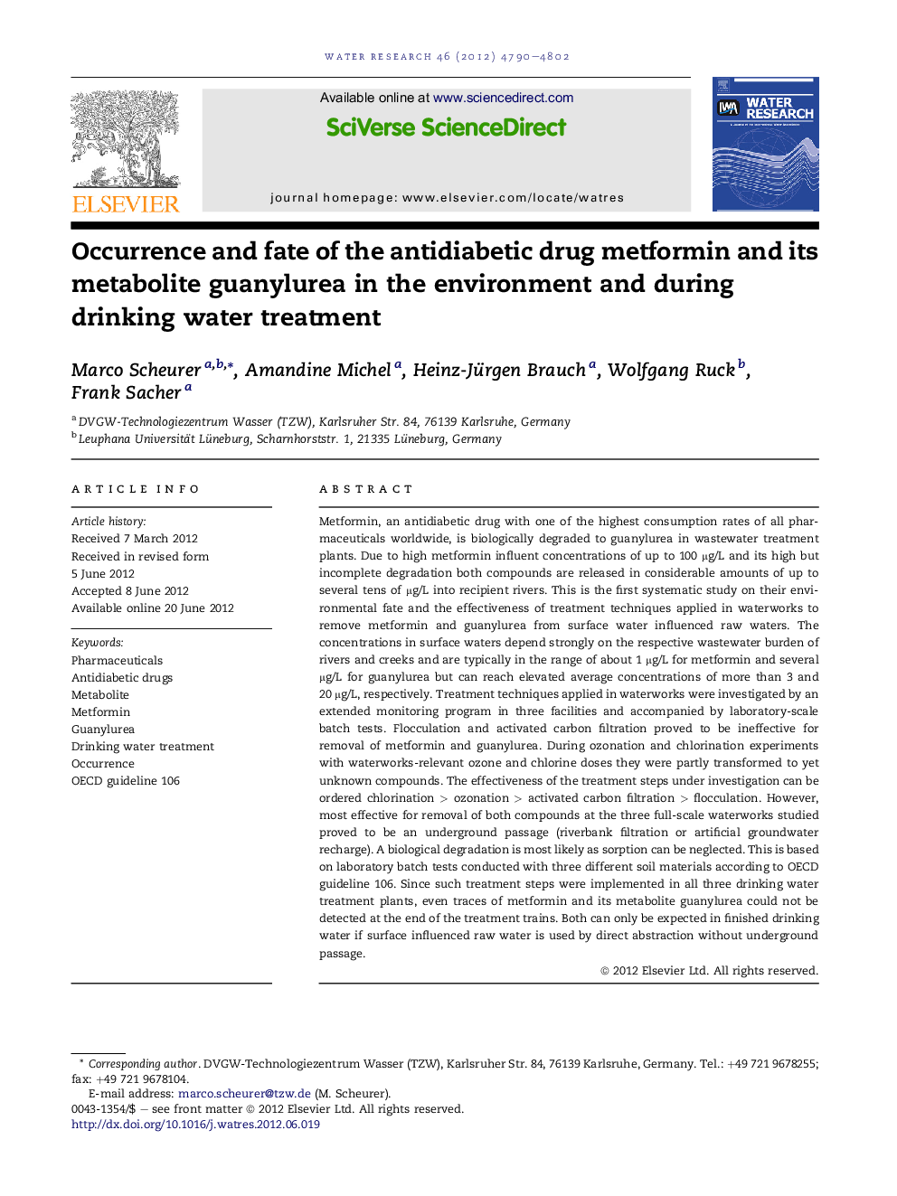 Occurrence and fate of the antidiabetic drug metformin and its metabolite guanylurea in the environment and during drinking water treatment