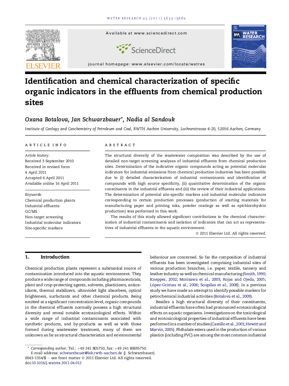 Identification and chemical characterization of specific organic indicators in the effluents from chemical production sites