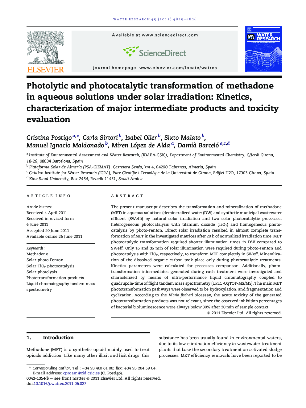 Photolytic and photocatalytic transformation of methadone in aqueous solutions under solar irradiation: Kinetics, characterization of major intermediate products and toxicity evaluation