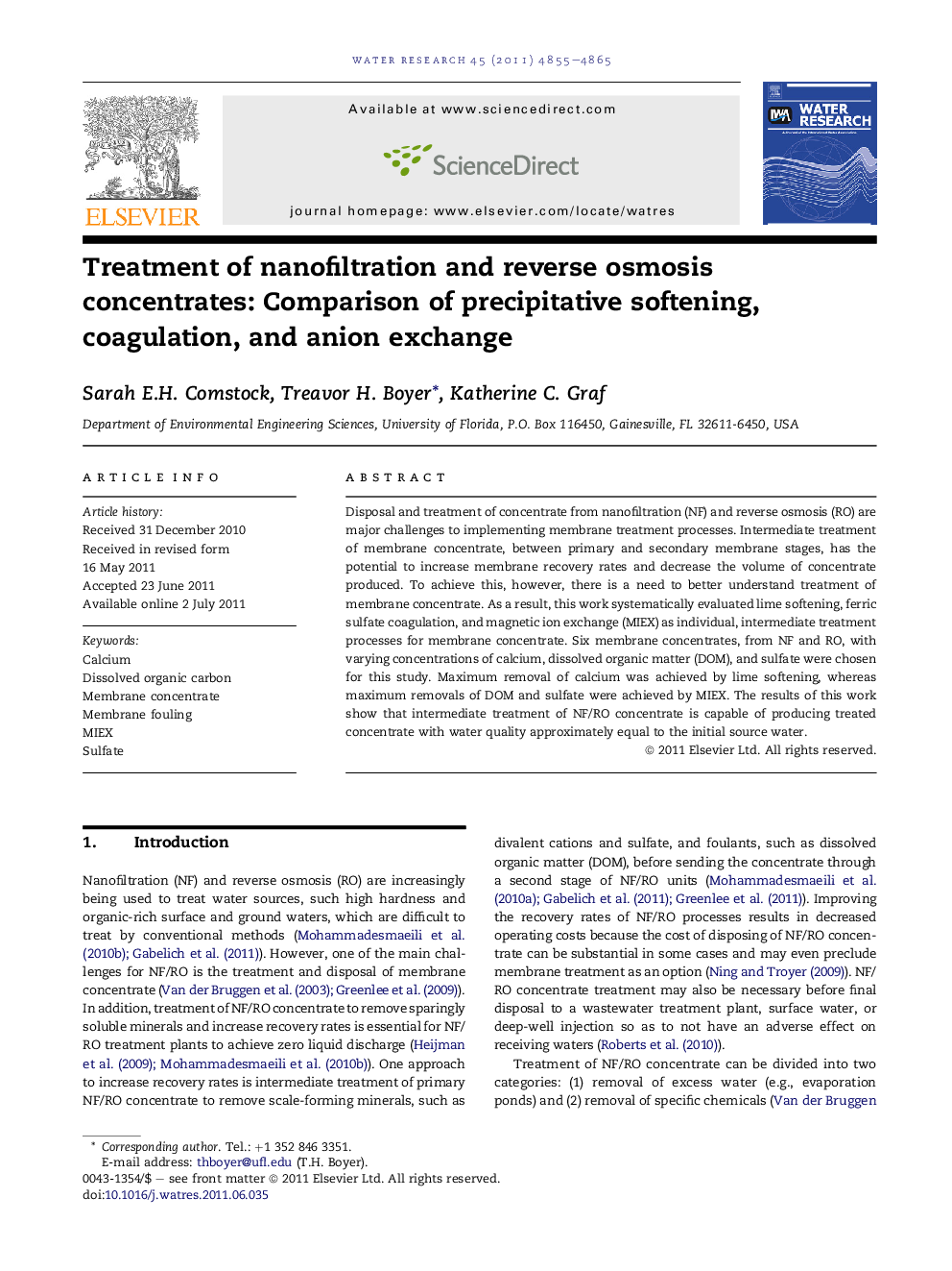 Treatment of nanofiltration and reverse osmosis concentrates: Comparison of precipitative softening, coagulation, and anion exchange