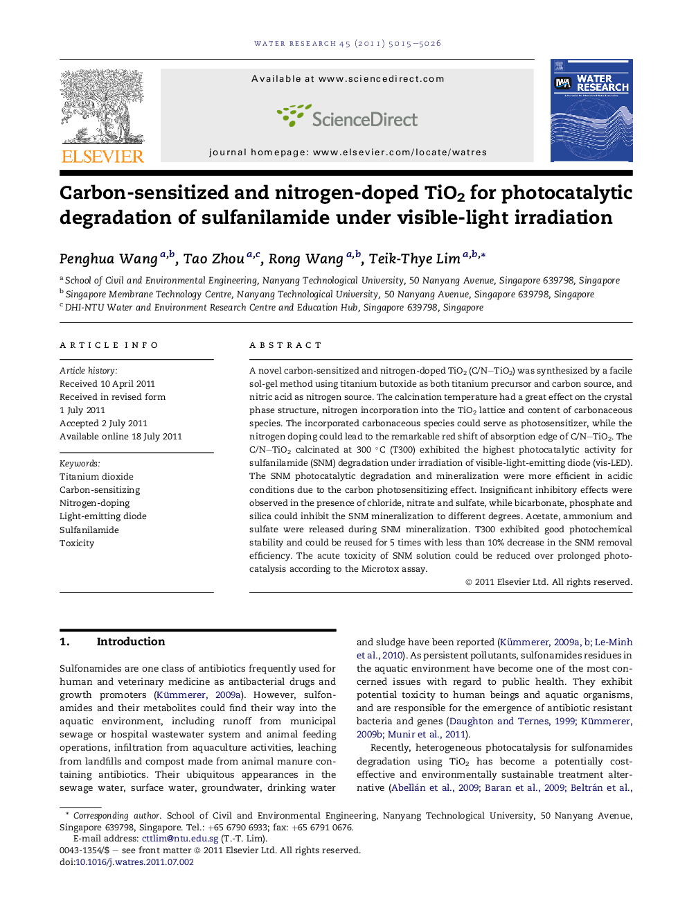 Carbon-sensitized and nitrogen-doped TiO2 for photocatalytic degradation of sulfanilamide under visible-light irradiation