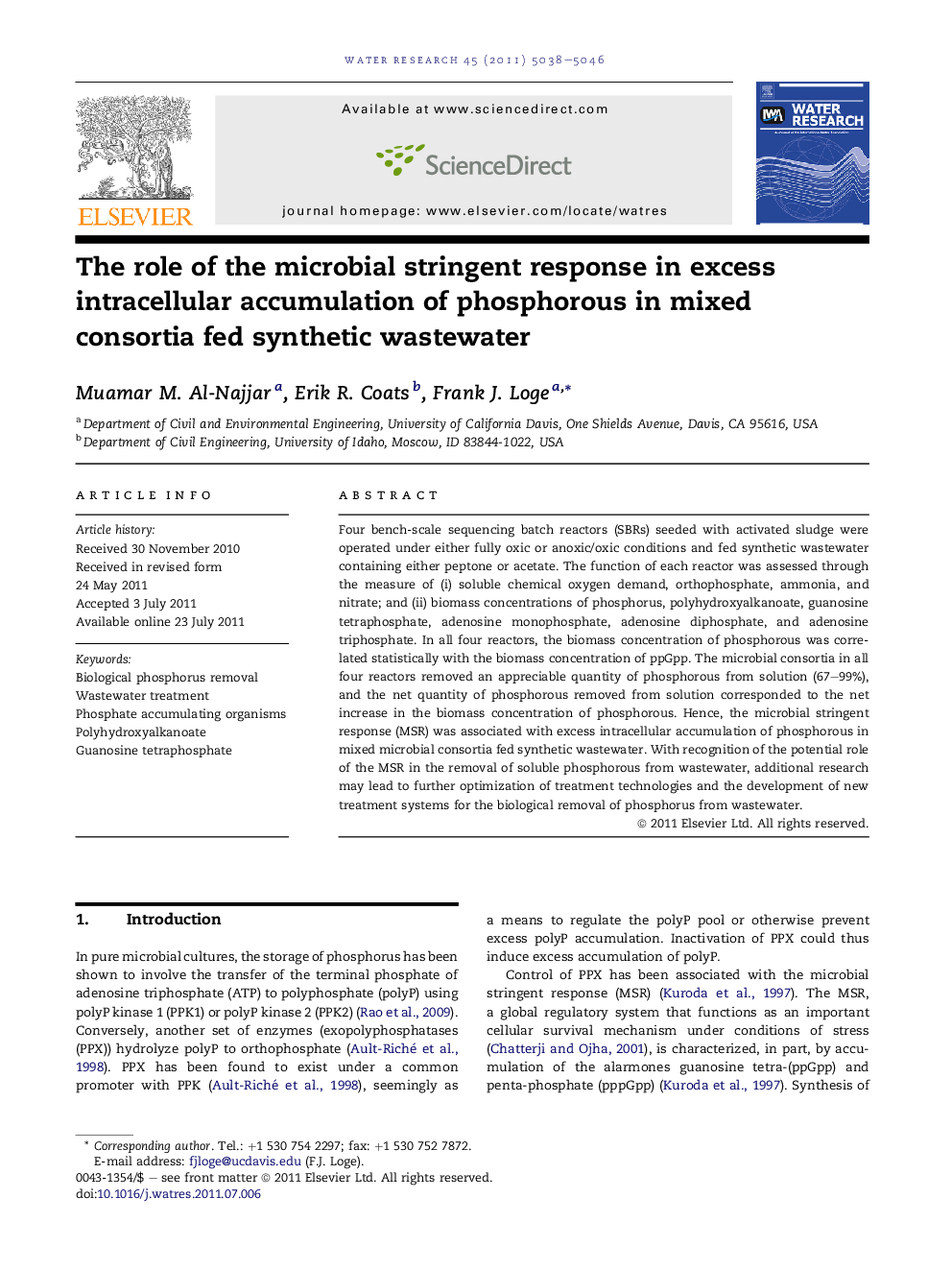 The role of the microbial stringent response in excess intracellular accumulation of phosphorous in mixed consortia fed synthetic wastewater