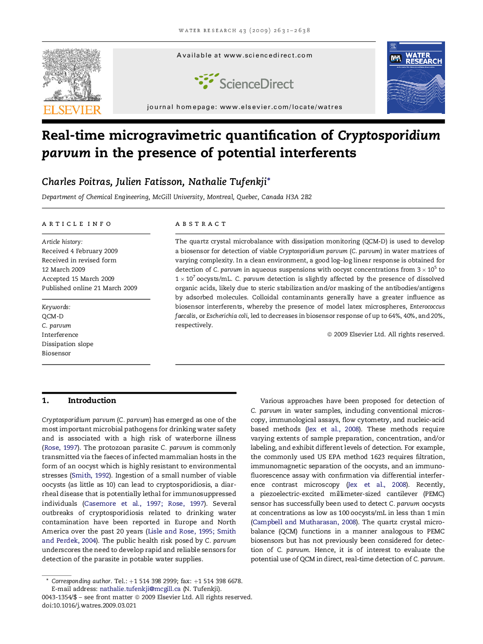 Real-time microgravimetric quantification of Cryptosporidium parvum in the presence of potential interferents