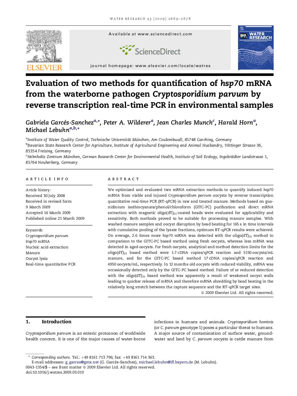 Evaluation of two methods for quantification of hsp70 mRNA from the waterborne pathogen Cryptosporidium parvum by reverse transcription real-time PCR in environmental samples