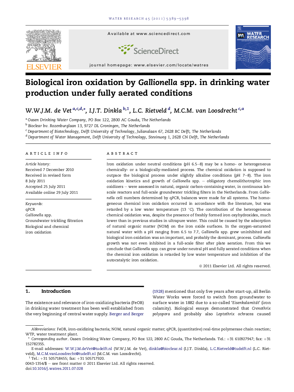 Biological iron oxidation by Gallionella spp. in drinking water production under fully aerated conditions