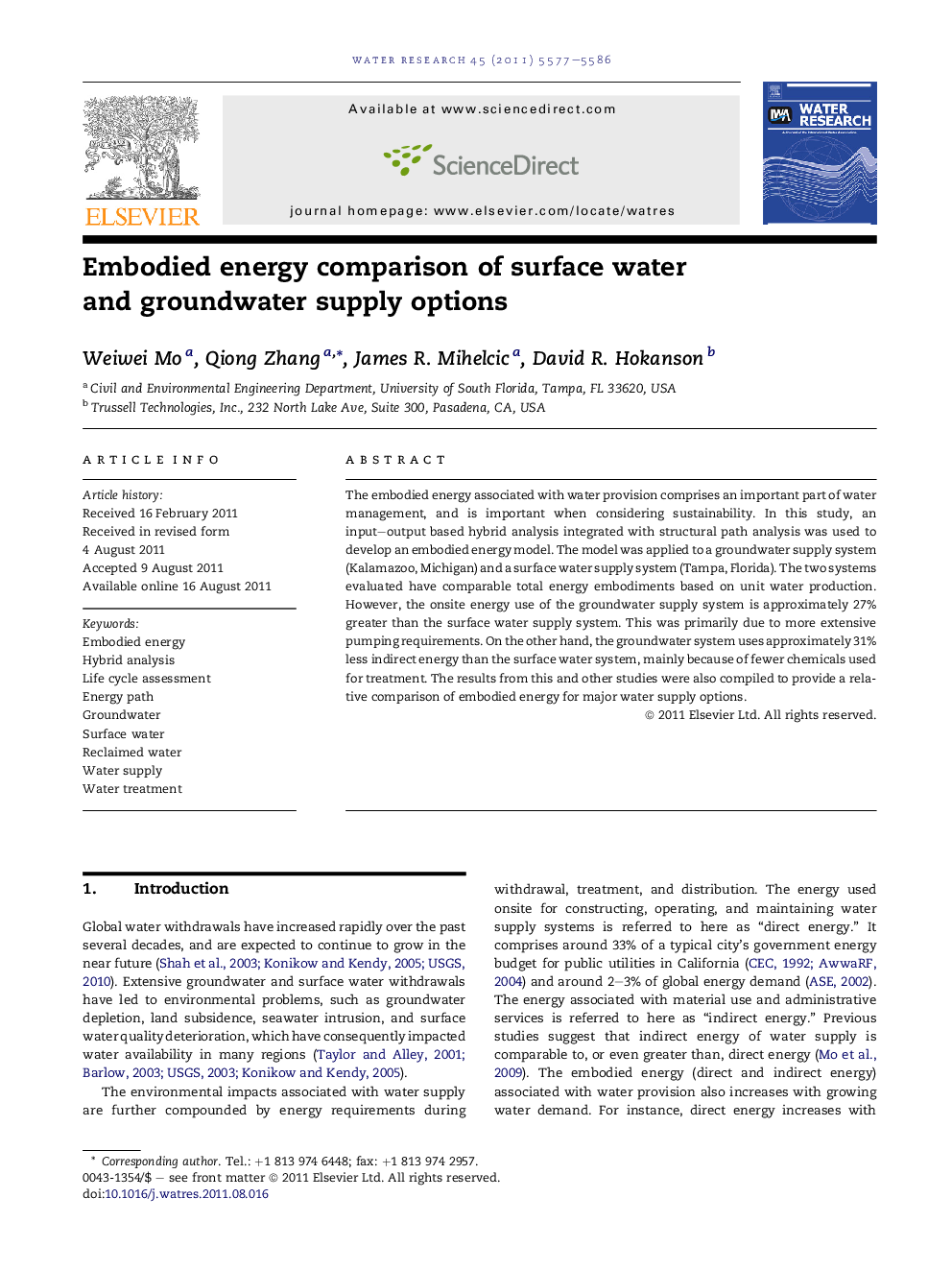 Embodied energy comparison of surface water and groundwater supply options