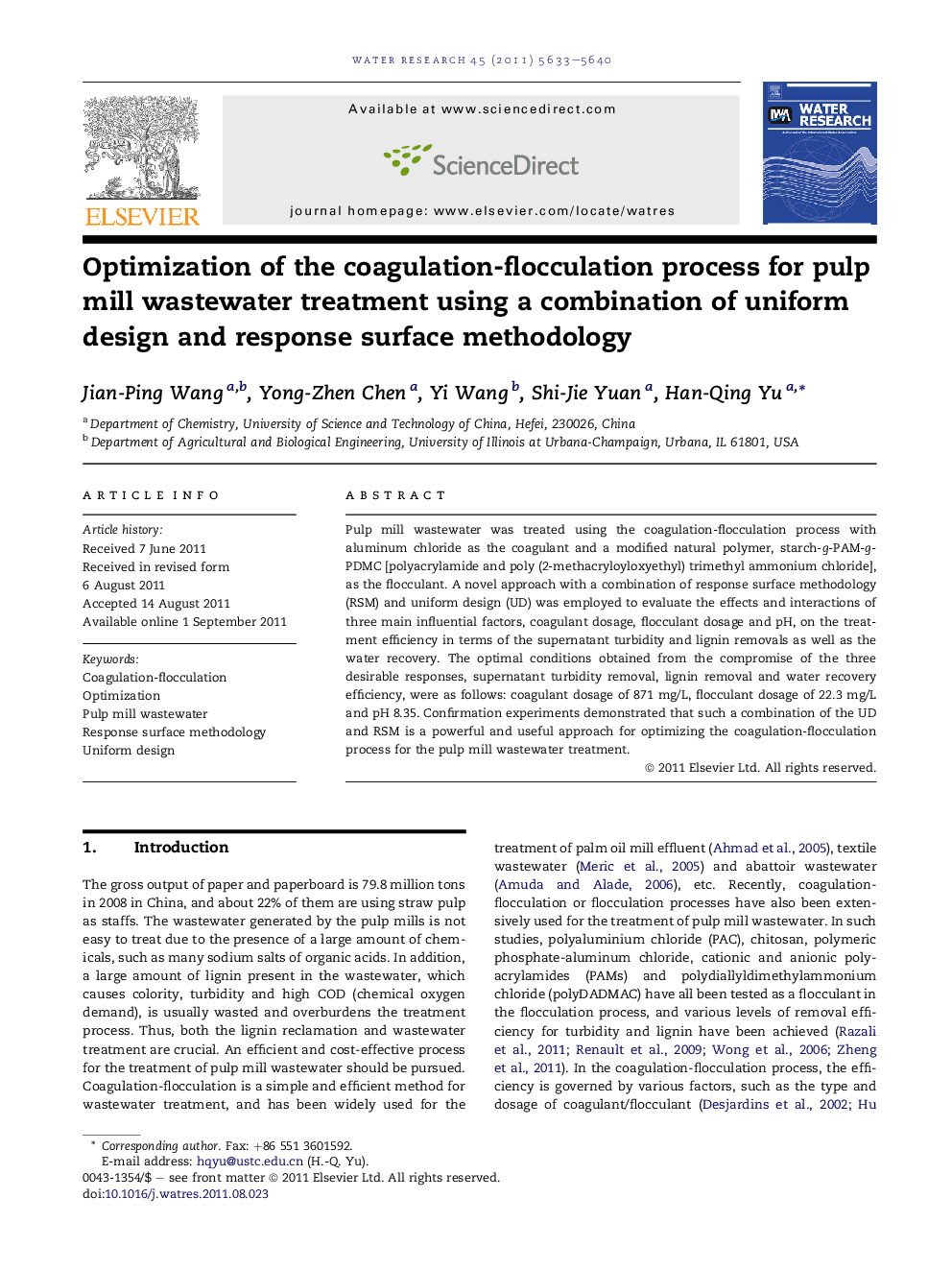 Optimization of the coagulation-flocculation process for pulp mill wastewater treatment using a combination of uniform design and response surface methodology