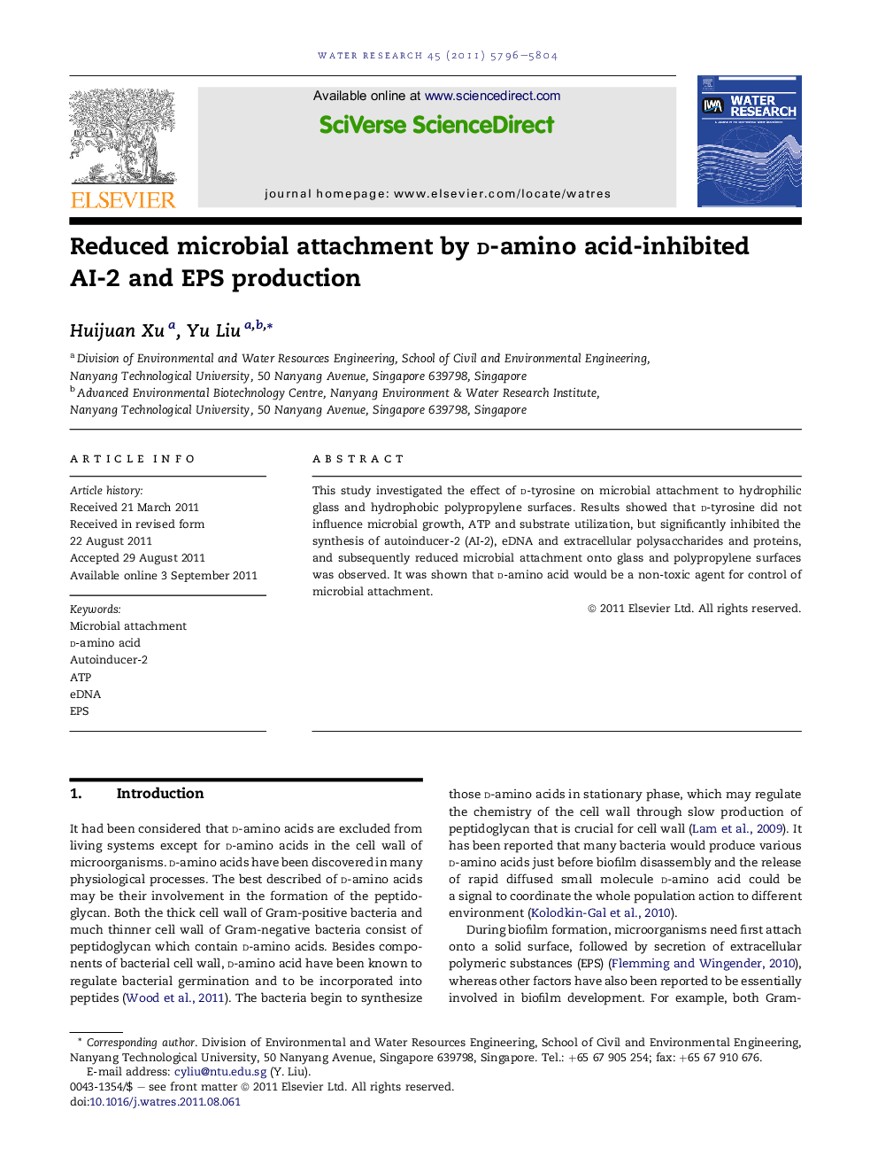 Reduced microbial attachment by d-amino acid-inhibited AI-2 and EPS production