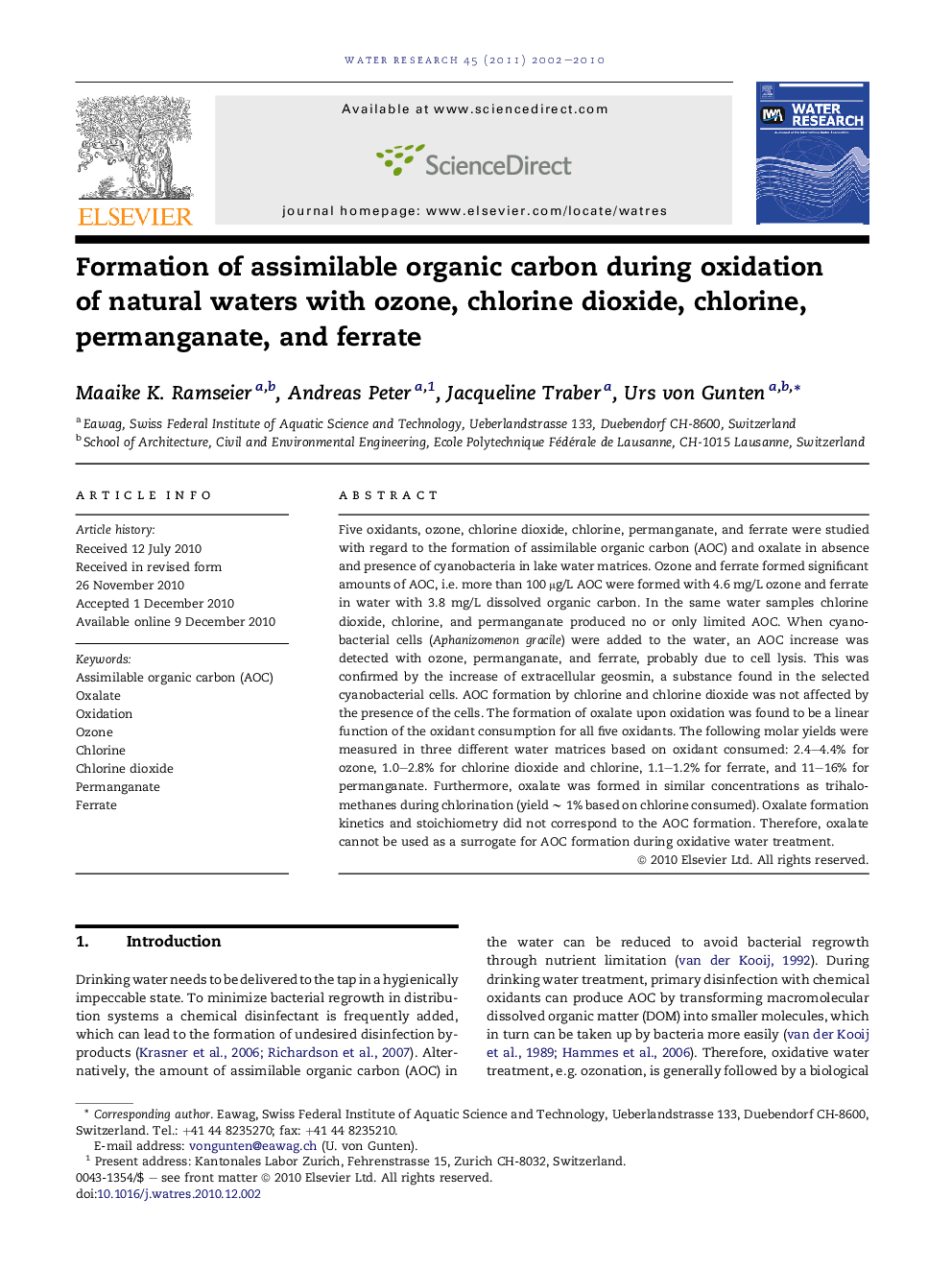 Formation of assimilable organic carbon during oxidation of natural waters with ozone, chlorine dioxide, chlorine, permanganate, and ferrate