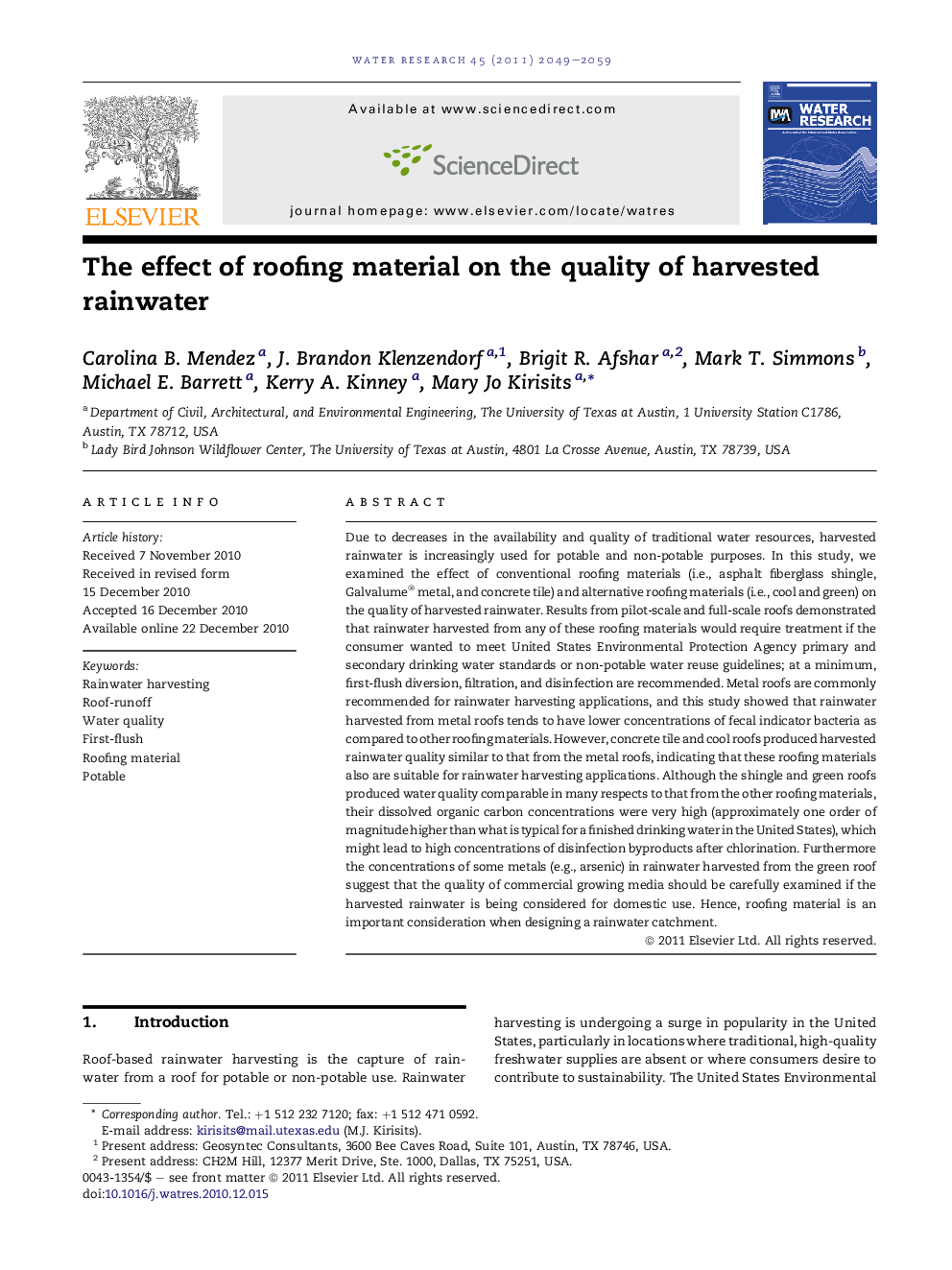 The effect of roofing material on the quality of harvested rainwater