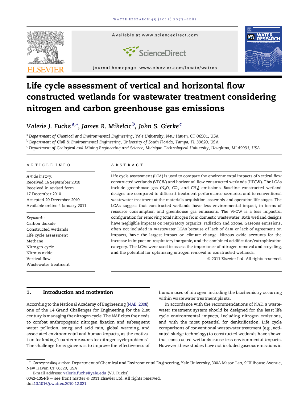 Life cycle assessment of vertical and horizontal flow constructed wetlands for wastewater treatment considering nitrogen and carbon greenhouse gas emissions