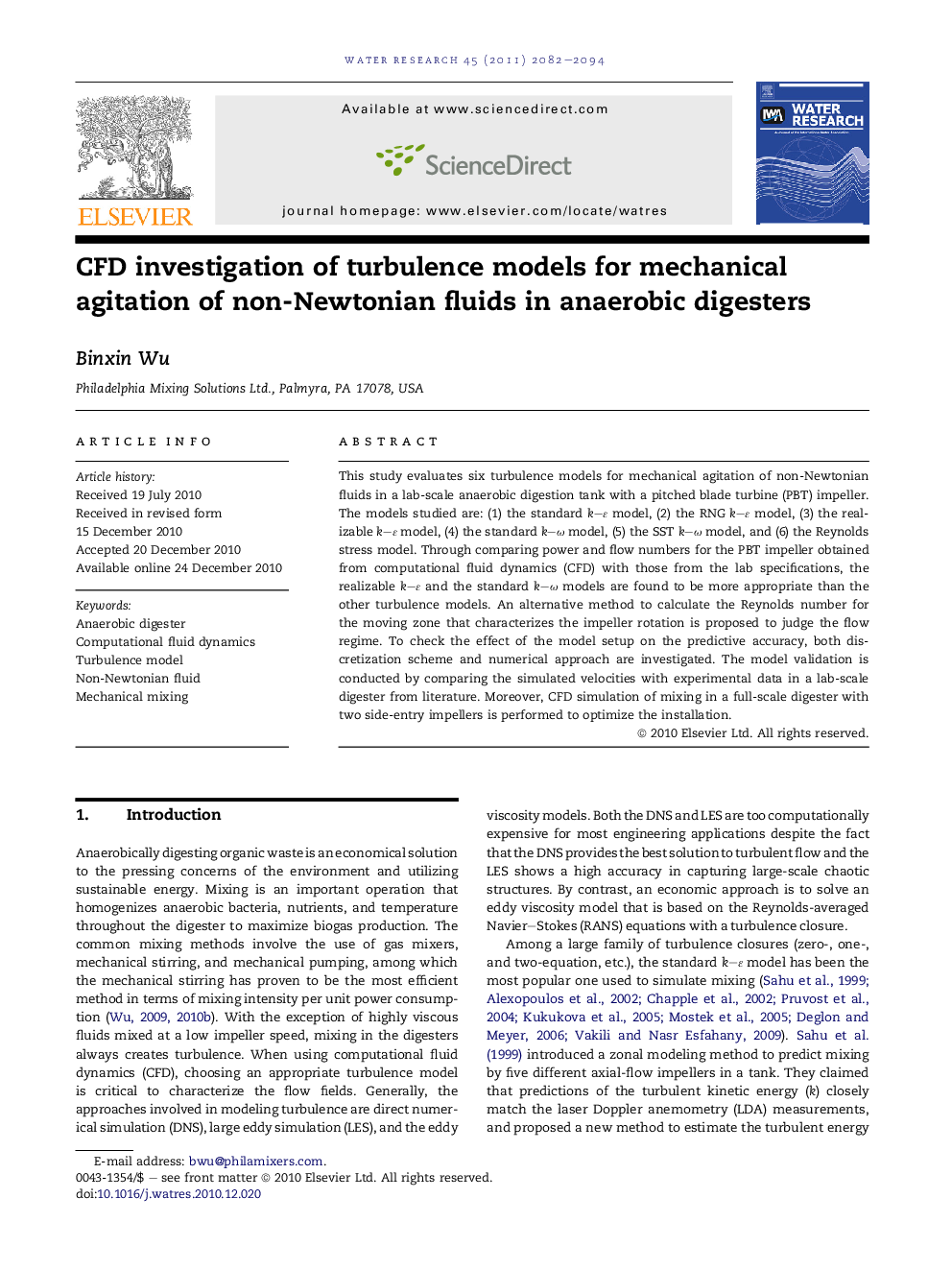 CFD investigation of turbulence models for mechanical agitation of non-Newtonian fluids in anaerobic digesters