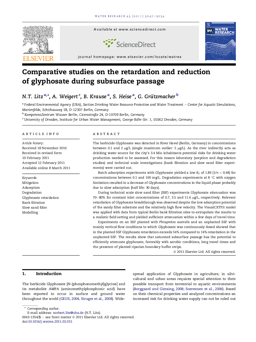 Comparative studies on the retardation and reduction of glyphosate during subsurface passage