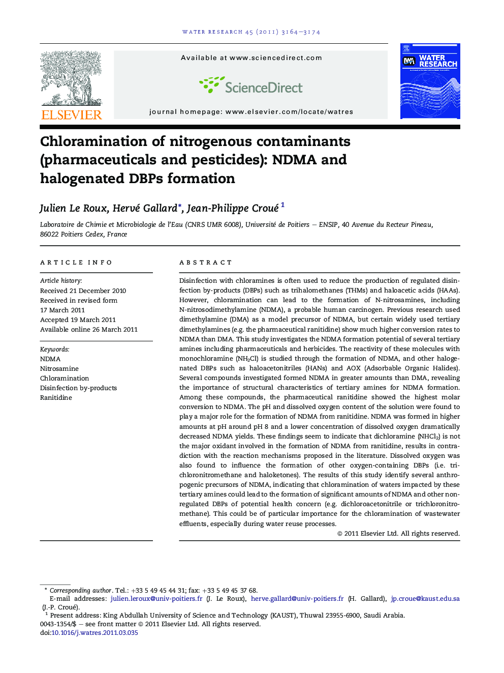 Chloramination of nitrogenous contaminants (pharmaceuticals and pesticides): NDMA and halogenated DBPs formation