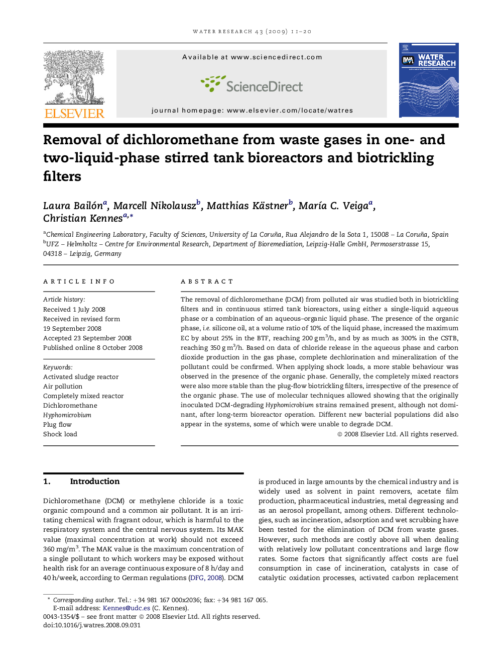 Removal of dichloromethane from waste gases in one- and two-liquid-phase stirred tank bioreactors and biotrickling filters