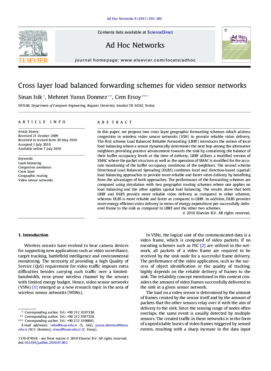 Cross layer load balanced forwarding schemes for video sensor networks