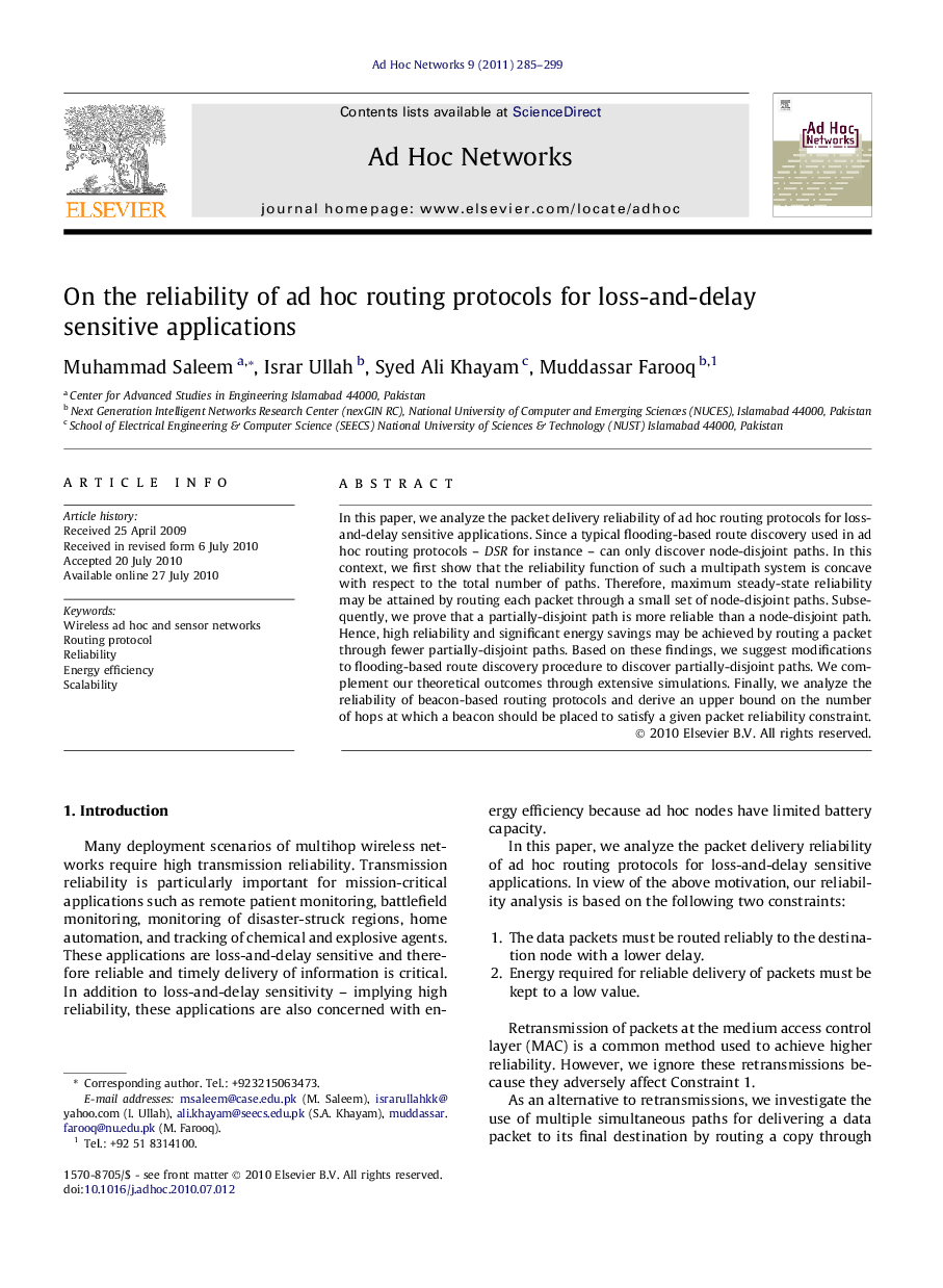 On the reliability of ad hoc routing protocols for loss-and-delay sensitive applications