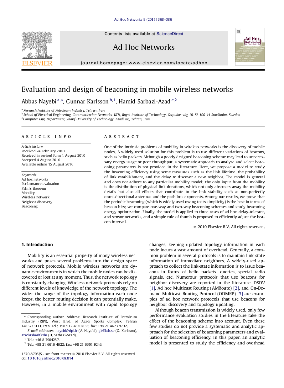 Evaluation and design of beaconing in mobile wireless networks