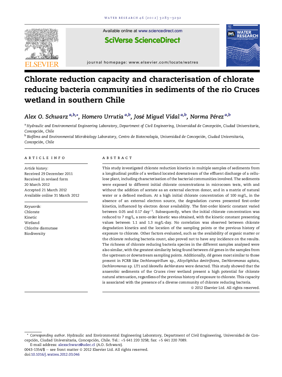 Chlorate reduction capacity and characterisation of chlorate reducing bacteria communities in sediments of the rio Cruces wetland in southern Chile