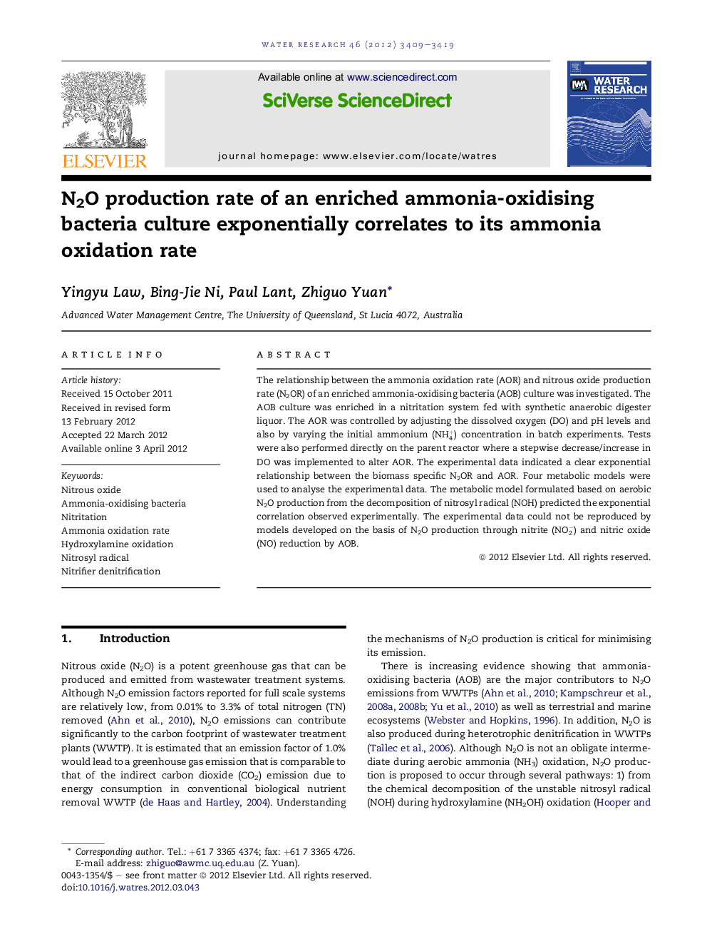 N2O production rate of an enriched ammonia-oxidising bacteria culture exponentially correlates to its ammonia oxidation rate