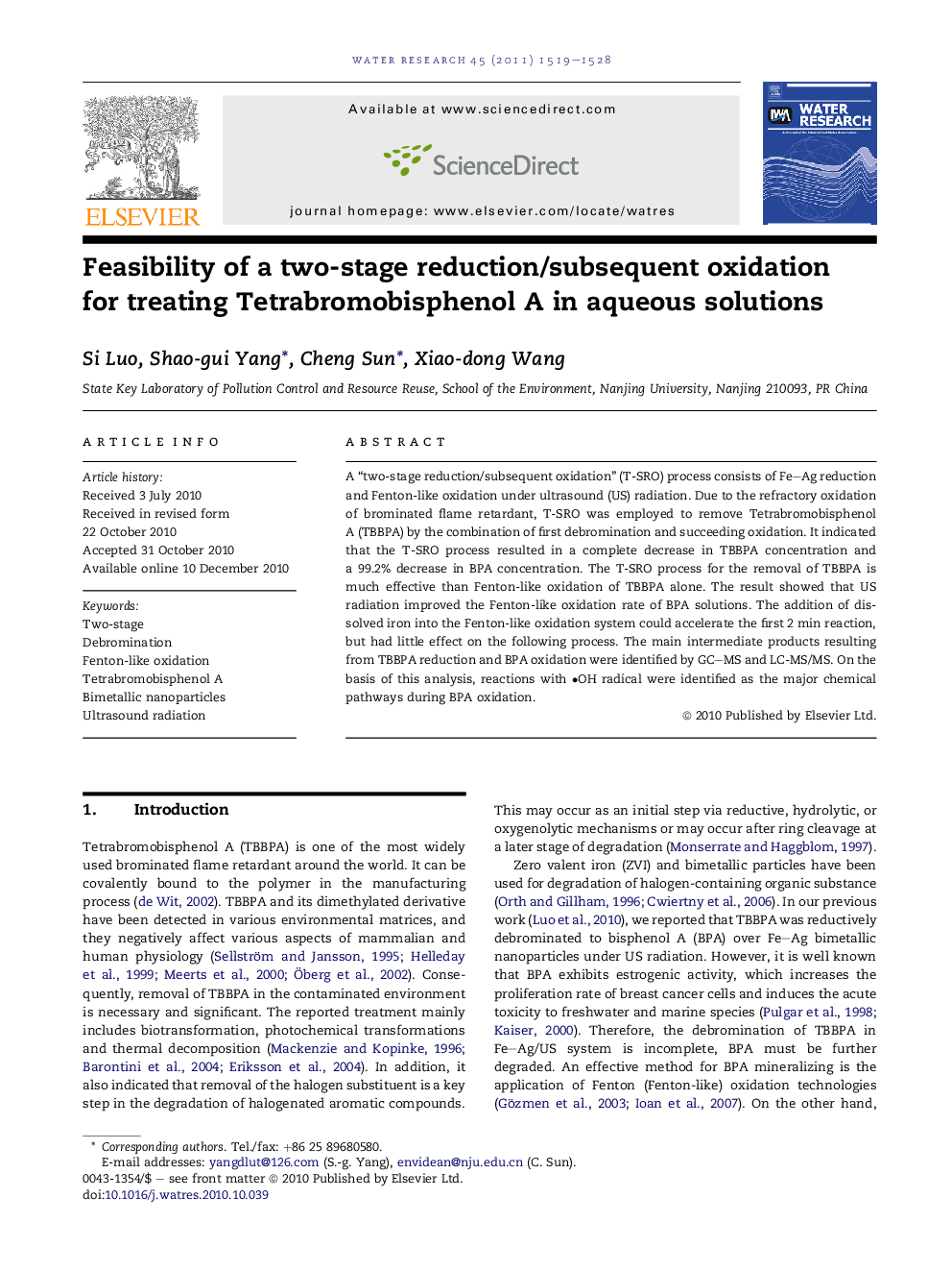 Feasibility of a two-stage reduction/subsequent oxidation for treating Tetrabromobisphenol A in aqueous solutions