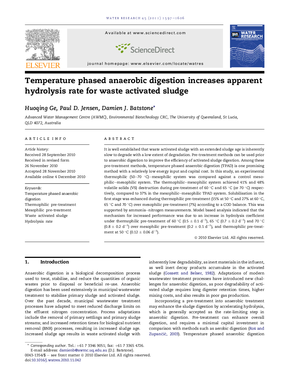 Temperature phased anaerobic digestion increases apparent hydrolysis rate for waste activated sludge