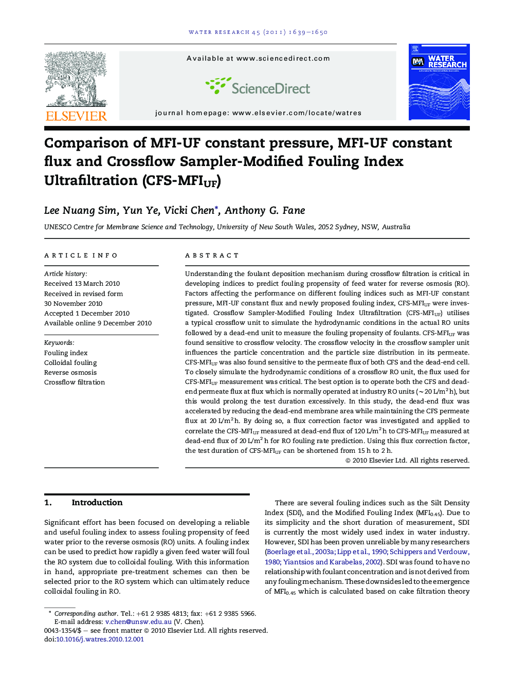 Comparison of MFI-UF constant pressure, MFI-UF constant flux and Crossflow Sampler-Modified Fouling Index Ultrafiltration (CFS-MFIUF)