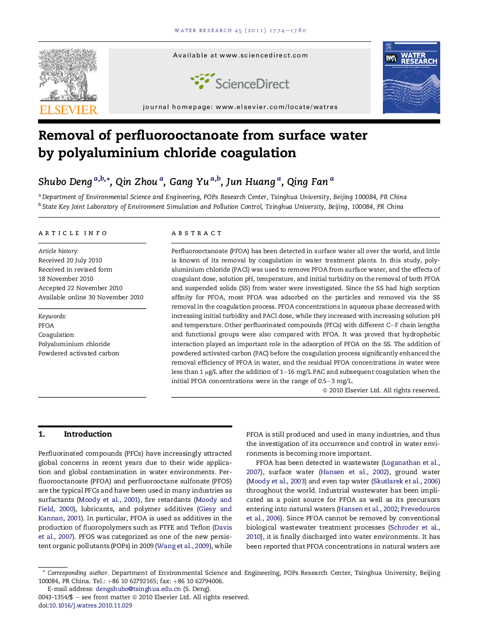 Removal of perfluorooctanoate from surface water by polyaluminium chloride coagulation