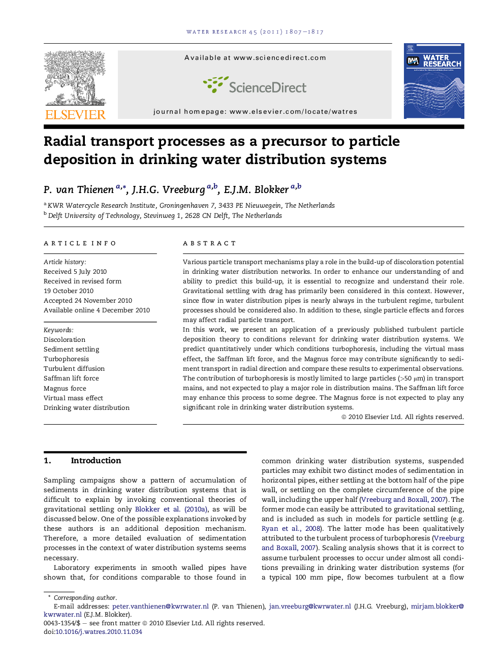 Radial transport processes as a precursor to particle deposition in drinking water distribution systems