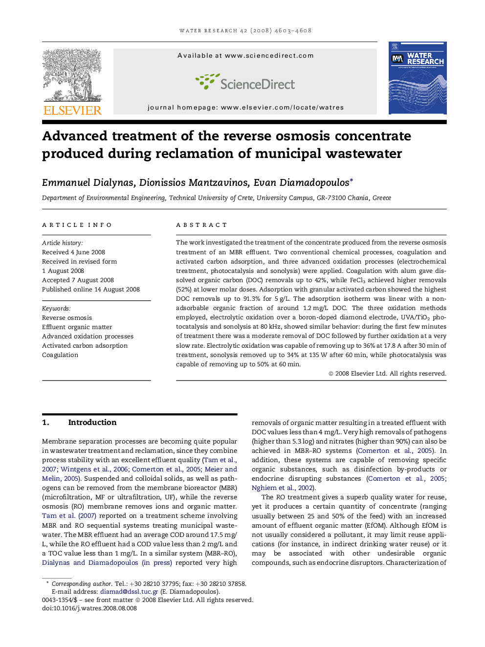 Advanced treatment of the reverse osmosis concentrate produced during reclamation of municipal wastewater