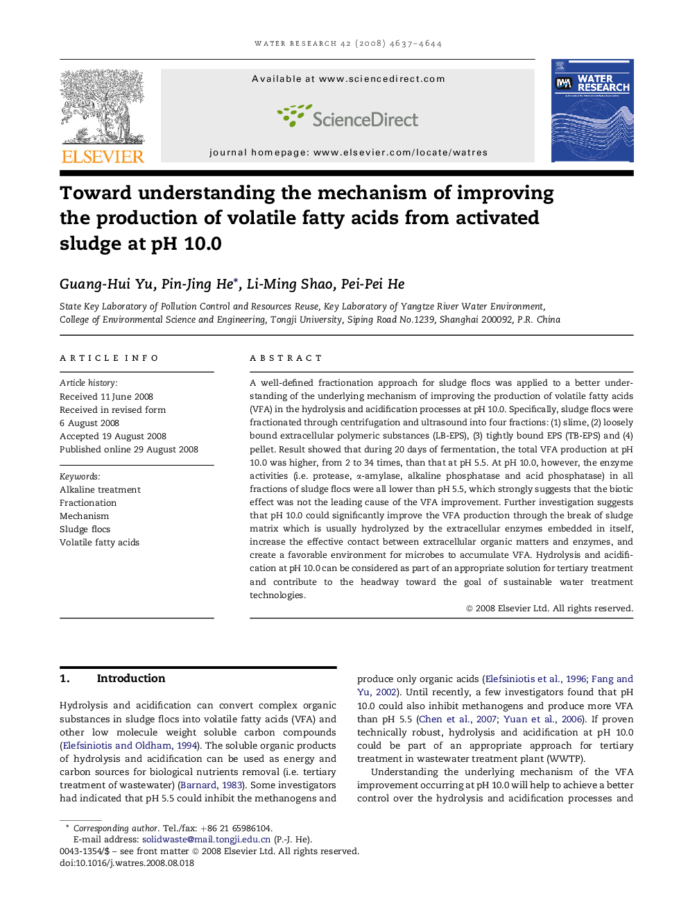 Toward understanding the mechanism of improving the production of volatile fatty acids from activated sludge at pH 10.0