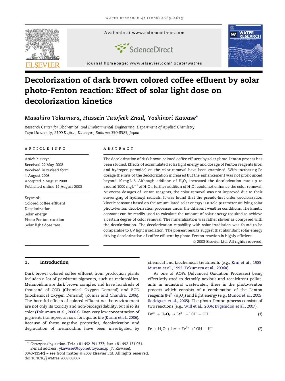 Decolorization of dark brown colored coffee effluent by solar photo-Fenton reaction: Effect of solar light dose on decolorization kinetics