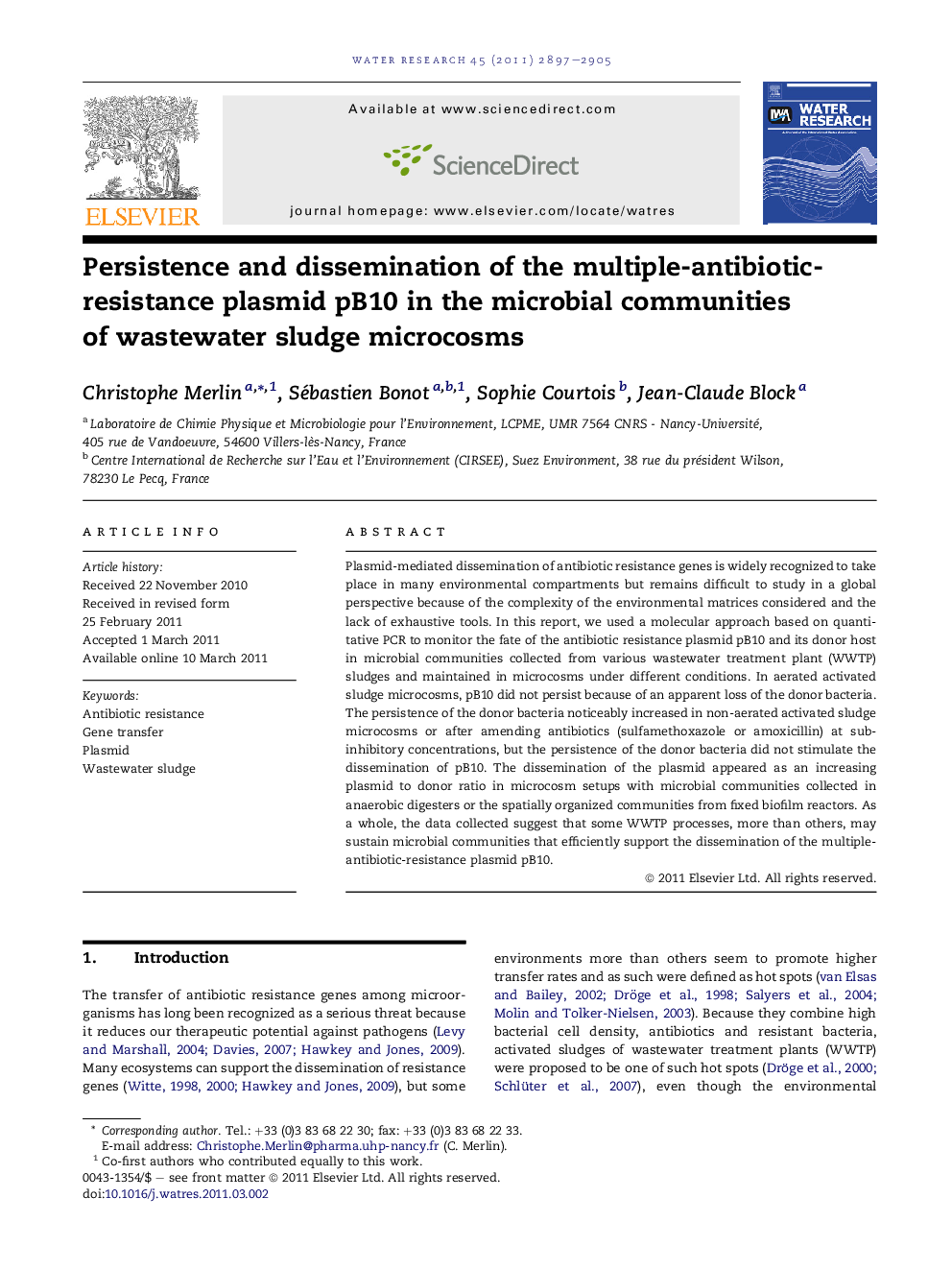 Persistence and dissemination of the multiple-antibiotic-resistance plasmid pB10 in the microbial communities of wastewater sludge microcosms