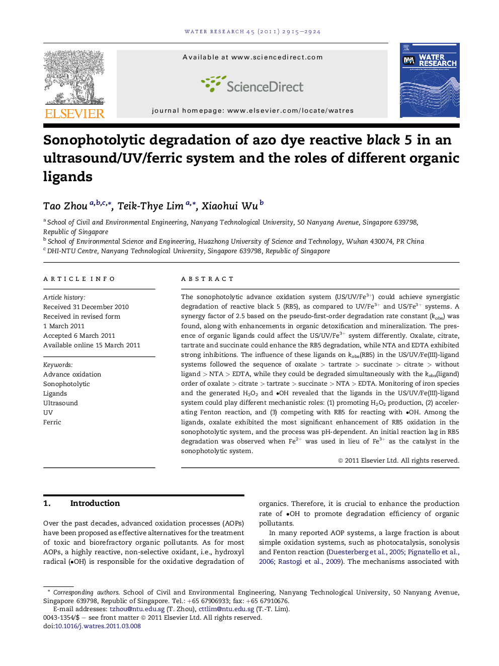 Sonophotolytic degradation of azo dye reactive black 5 in an ultrasound/UV/ferric system and the roles of different organic ligands