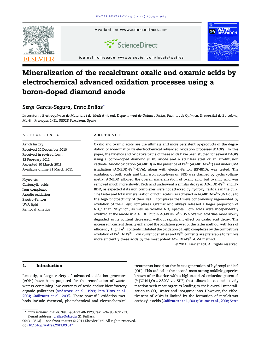 Mineralization of the recalcitrant oxalic and oxamic acids by electrochemical advanced oxidation processes using a boron-doped diamond anode