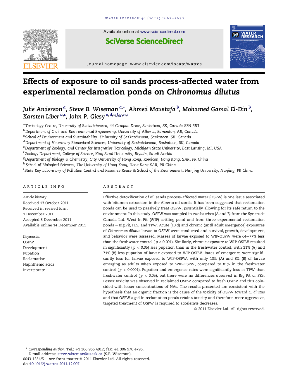 Effects of exposure to oil sands process-affected water from experimental reclamation ponds on Chironomus dilutus