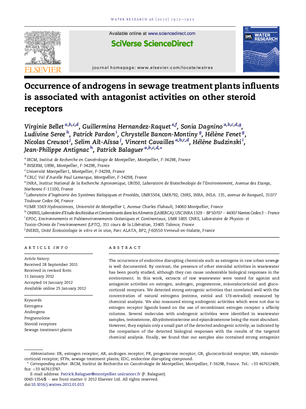 Occurrence of androgens in sewage treatment plants influents is associated with antagonist activities on other steroid receptors