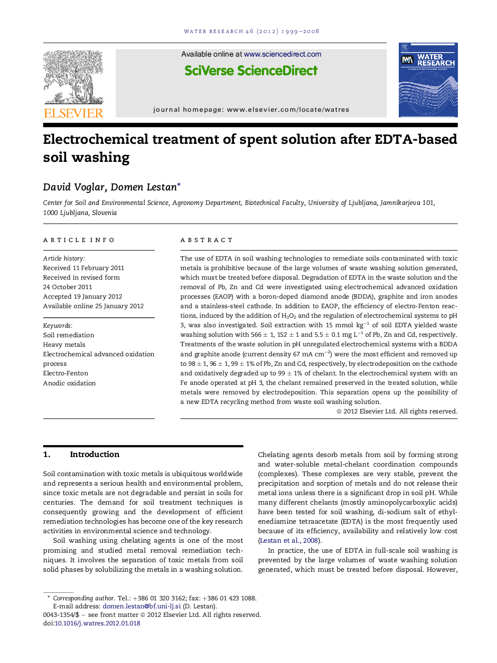 Electrochemical treatment of spent solution after EDTA-based soil washing