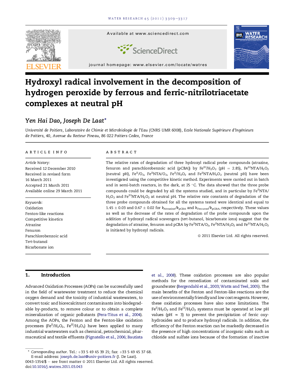 Hydroxyl radical involvement in the decomposition of hydrogen peroxide by ferrous and ferric-nitrilotriacetate complexes at neutral pH