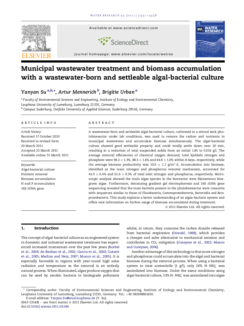 Municipal wastewater treatment and biomass accumulation with a wastewater-born and settleable algal-bacterial culture