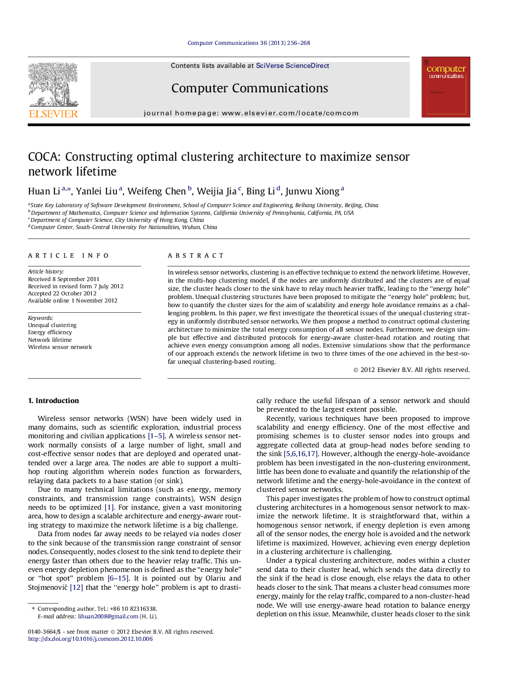 COCA: Constructing optimal clustering architecture to maximize sensor network lifetime