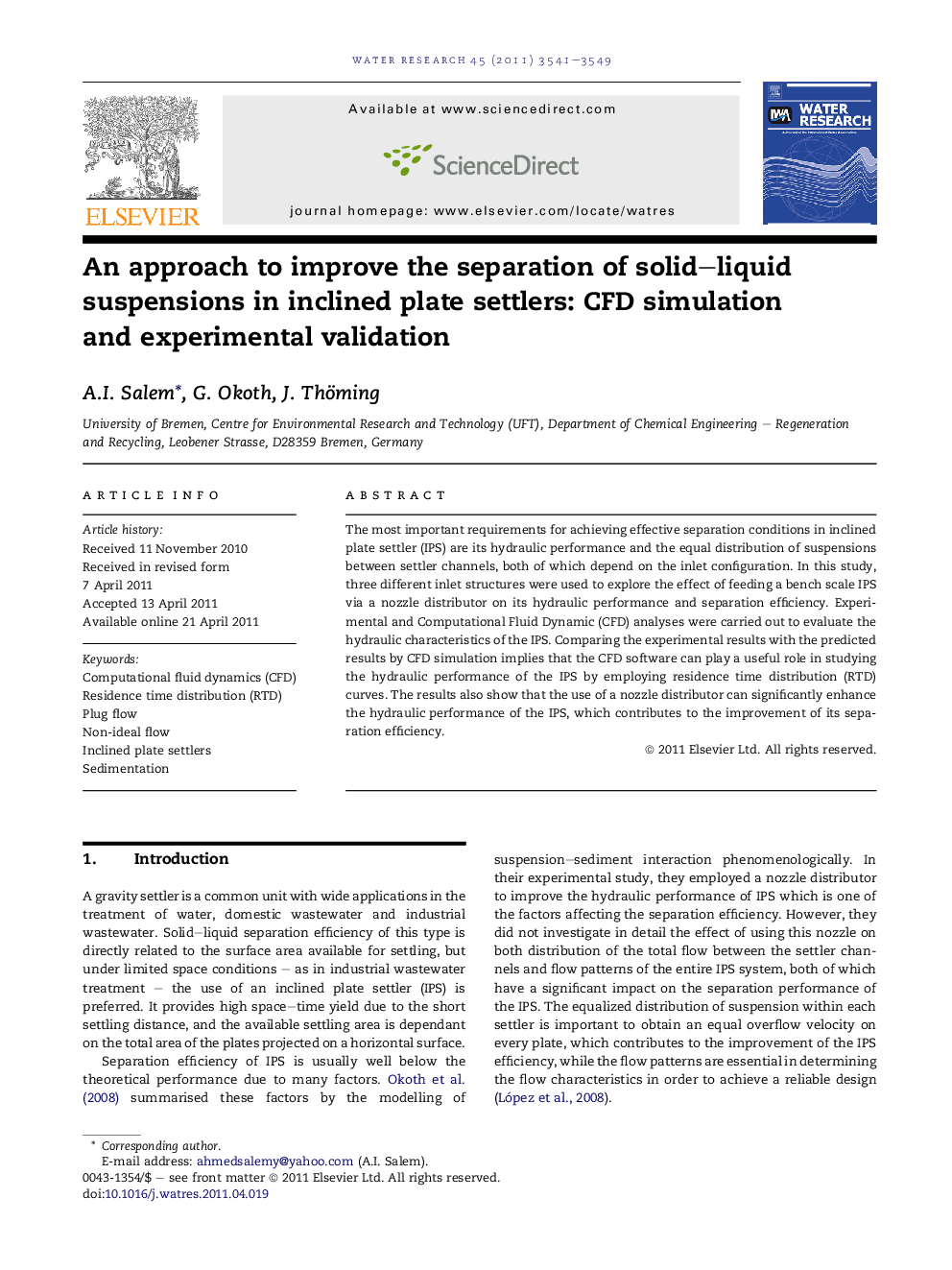 An approach to improve the separation of solid–liquid suspensions in inclined plate settlers: CFD simulation and experimental validation